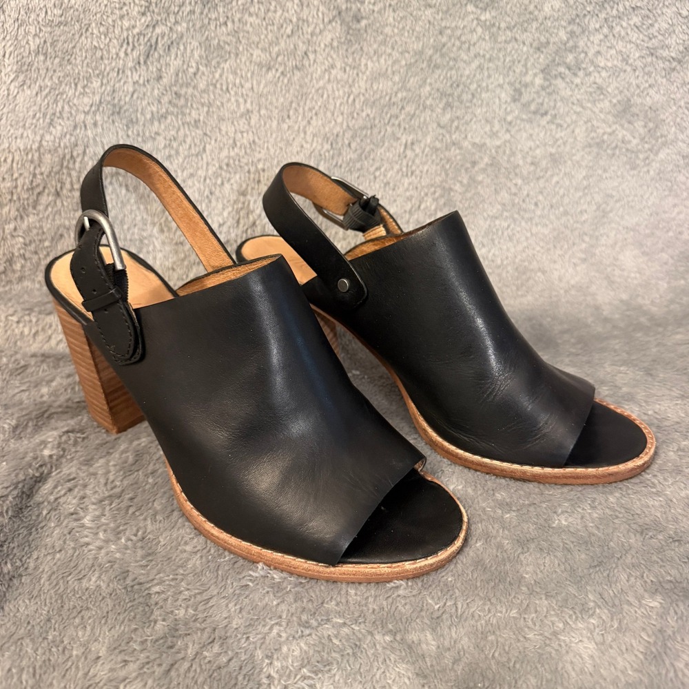 Madewell Size 8.5 Black Leather Slingback Block Heel Mules Open Peep Toe Sandals